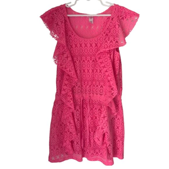 Justice Swim Hot Pink Ruffle Lace Swimsuit Cover up Elastic Tie Girl's 12 #M - Picture 1 of 6